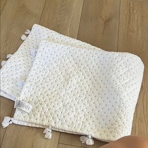 Pottery Barn Kids White Quilted Blanket with Light Blue Cross Stitch
